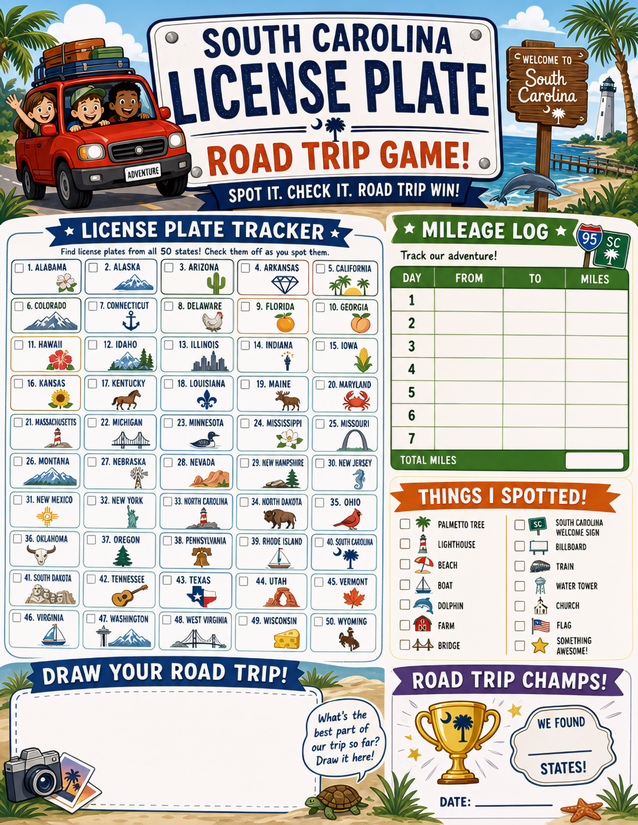 South Carolina License Plate Game Printable, All 50 States Plus Mileage Log