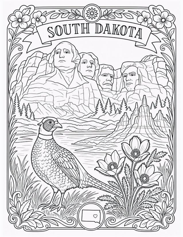 South Dakota Coloring Page, Mount Rushmore and Ring-Necked Pheasant