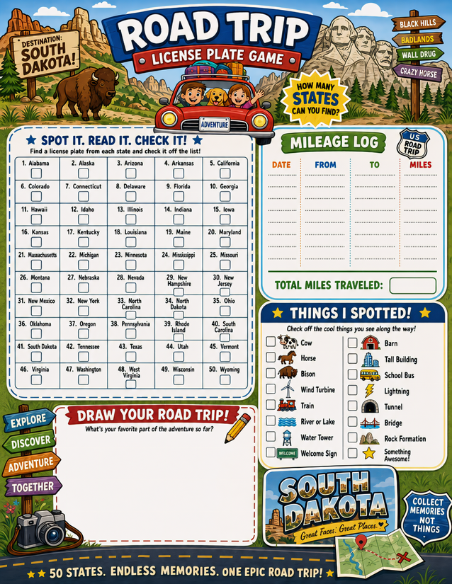 South Dakota License Plate Game Printable, With Mileage Log and Sightings Checklist