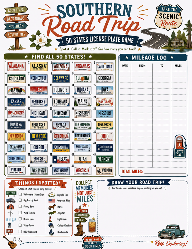 Southern Road Trip License Plate Game, All 50 States Plus Mileage Log