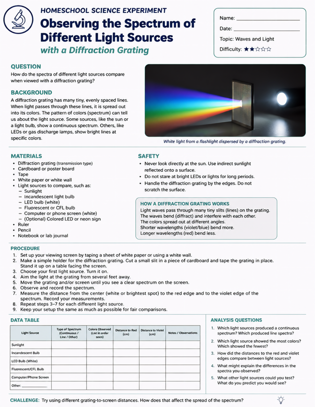 Observing the Spectrum of Different Light Sources Lab Sheet