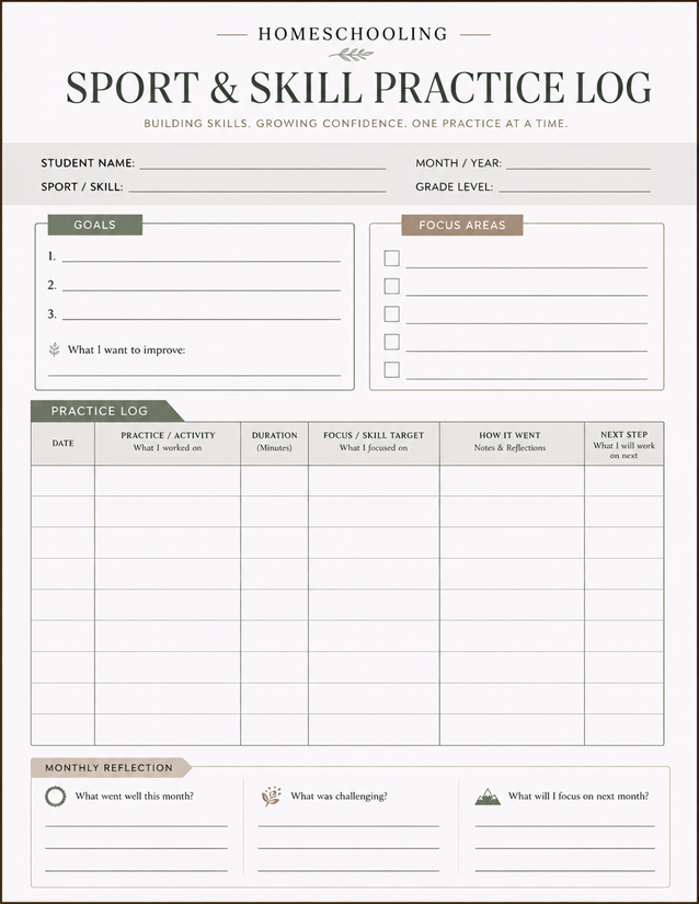 Sport and Skill Practice Log, Goals, Focus Areas, and Monthly Reflection
