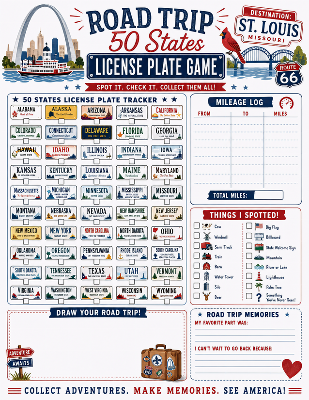 St. Louis License Plate Game Printable, Gateway Arch and Route 66