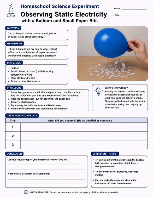 Static Electricity Balloon Experiment Lab Sheet