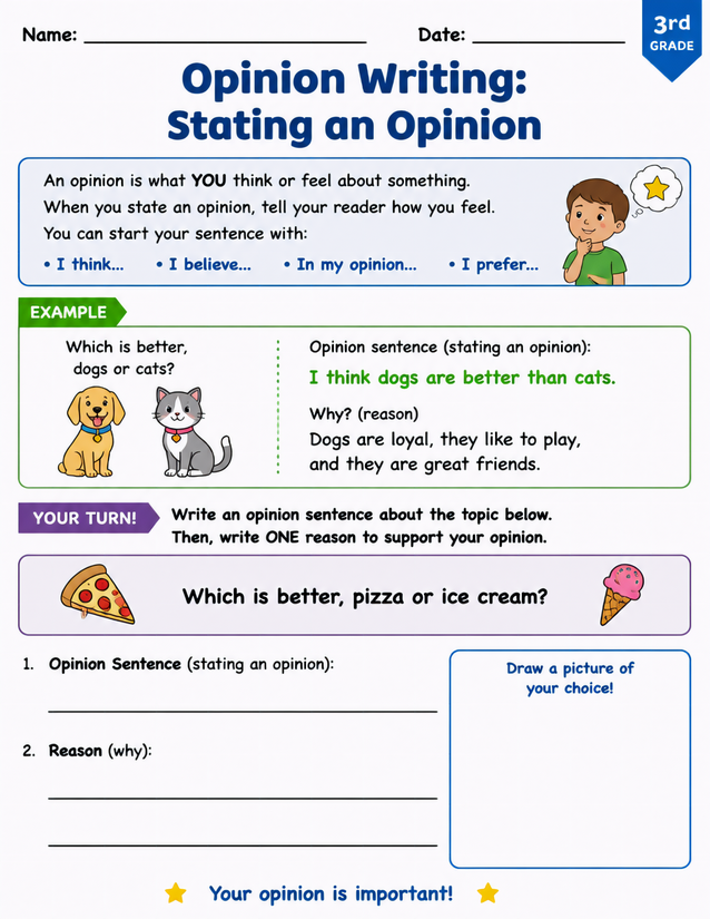 Opinion Writing Stating an Opinion Worksheet, 3rd Grade
