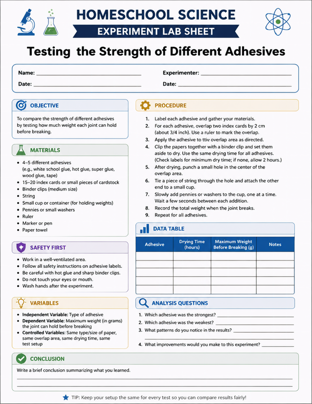 Testing the Strength of Different Adhesives, Homeschool Lab Sheet