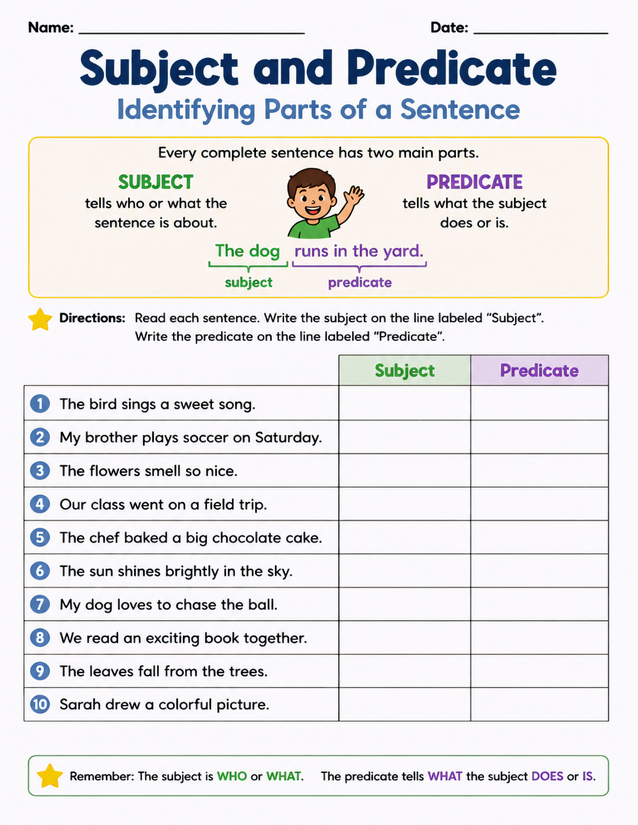 Subject and Predicate Worksheet, Identifying Parts of a Sentence
