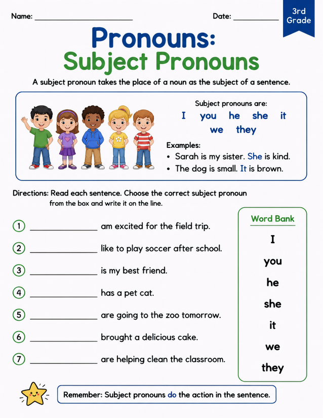 Subject Pronouns Worksheet, 3rd Grade Fill-In Practice