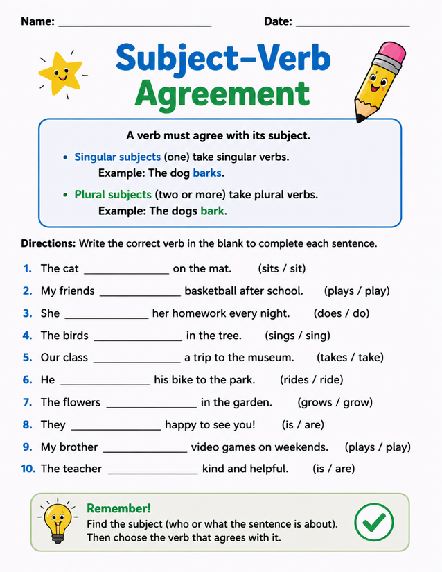 Subject-Verb Agreement Worksheet, 10 Fill-In Sentences