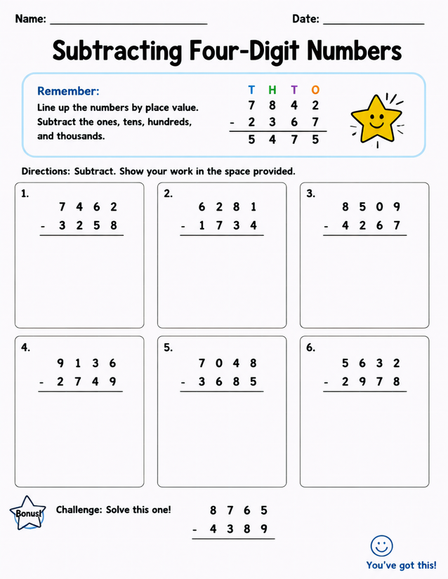 Subtracting Four-Digit Numbers Worksheet, Six Problems Plus Bonus