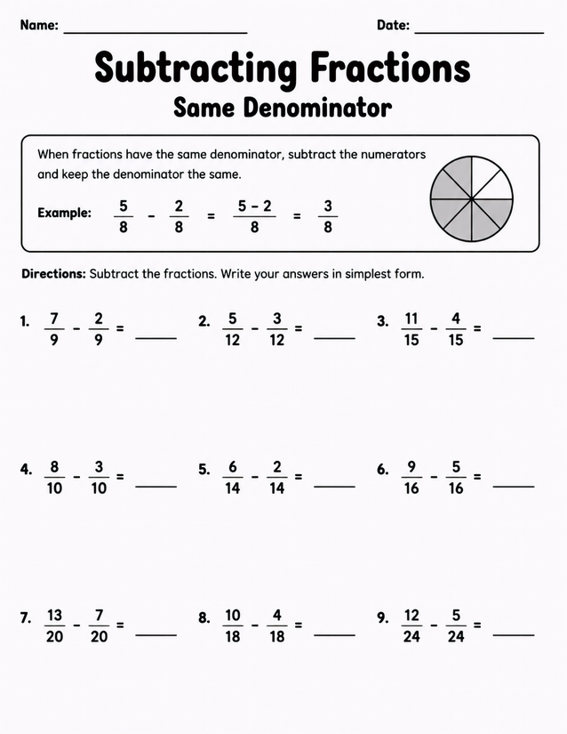 Subtracting Fractions Same Denominator Worksheet, Simplest Form Practice