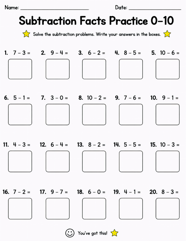 Subtraction Facts Practice 0-10, Twenty Problems