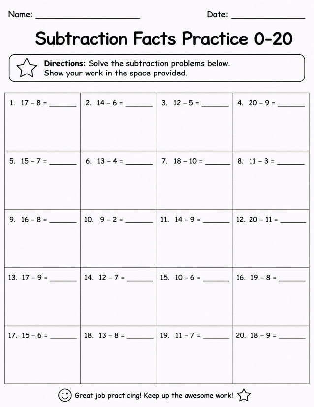 Subtraction Facts Practice 0-20, Twenty Problems