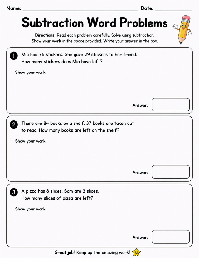 Subtraction Word Problems Worksheet, Three Story Scenarios