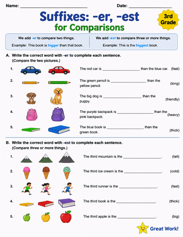 Suffixes Er Est for Comparisons Worksheet, 3rd Grade