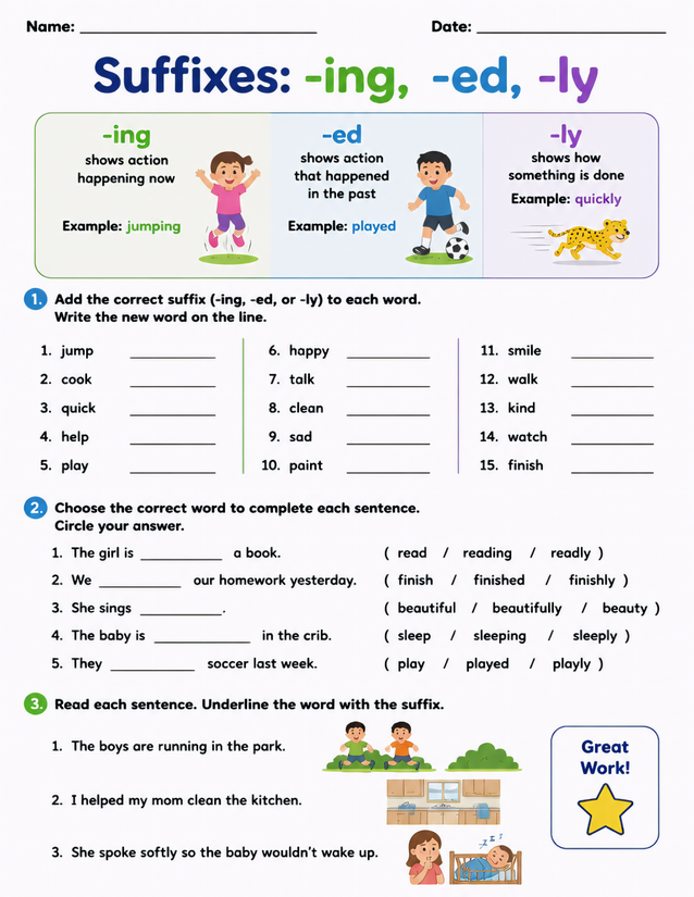 Suffixes ing ed ly Worksheet, Three Exercises in One