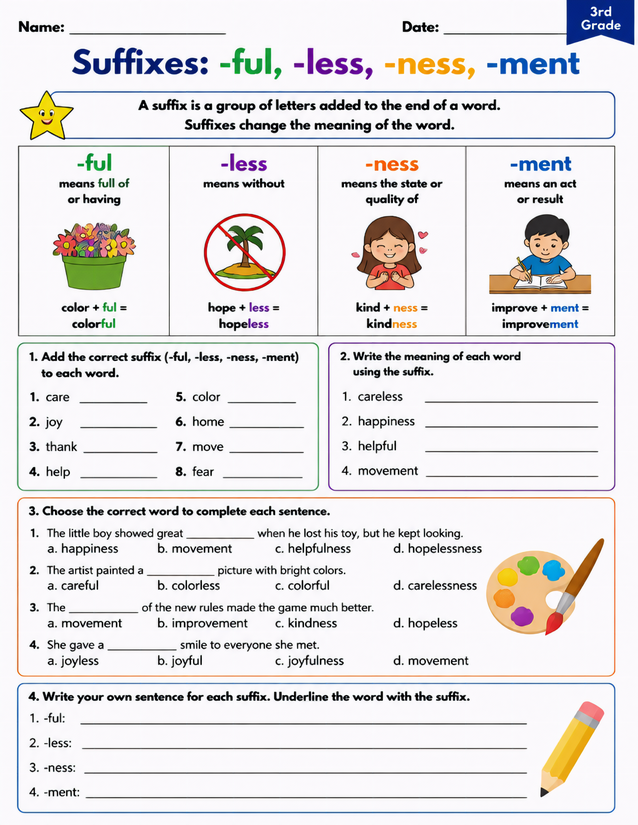 Suffixes Worksheet Ful Less Ness Ment, 3rd Grade
