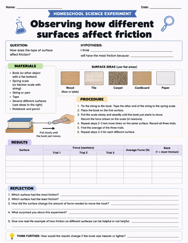 Surfaces Affect Friction Homeschool Lab Sheet