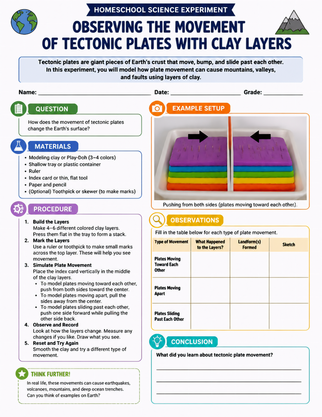 Tectonic Plates with Clay Layers Lab Sheet, Grades 4-6