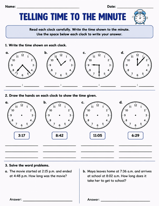 Telling Time to the Minute Worksheet, Read and Draw Clocks