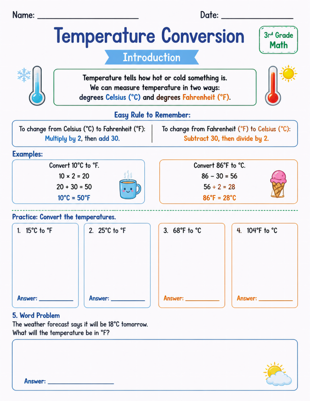 Temperature Conversion Worksheet, Celsius and Fahrenheit for Grade 3