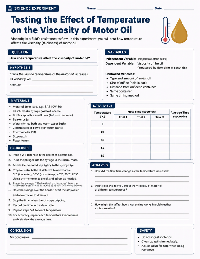 Temperature on the Viscosity of Motor Oil Lab Sheet
