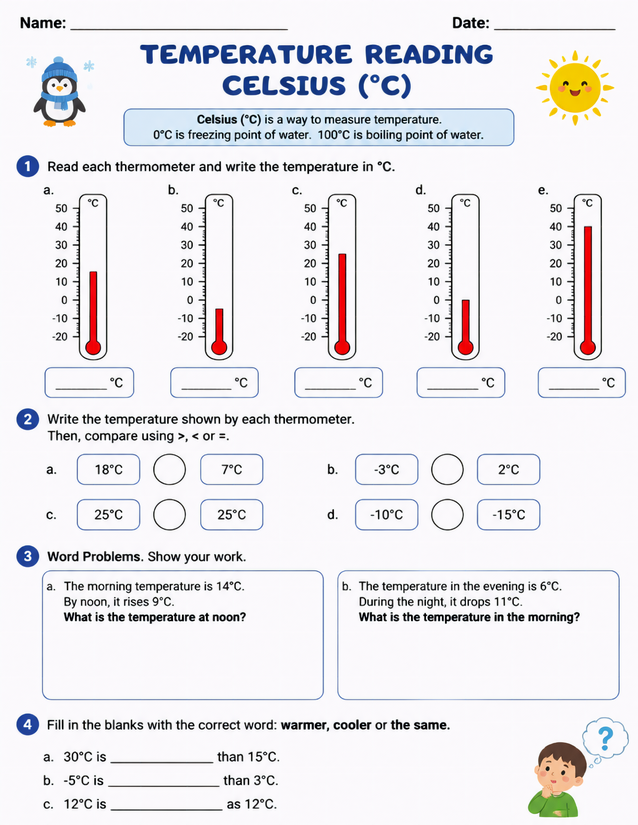 Temperature Reading Celsius Worksheet, Grades 2-4