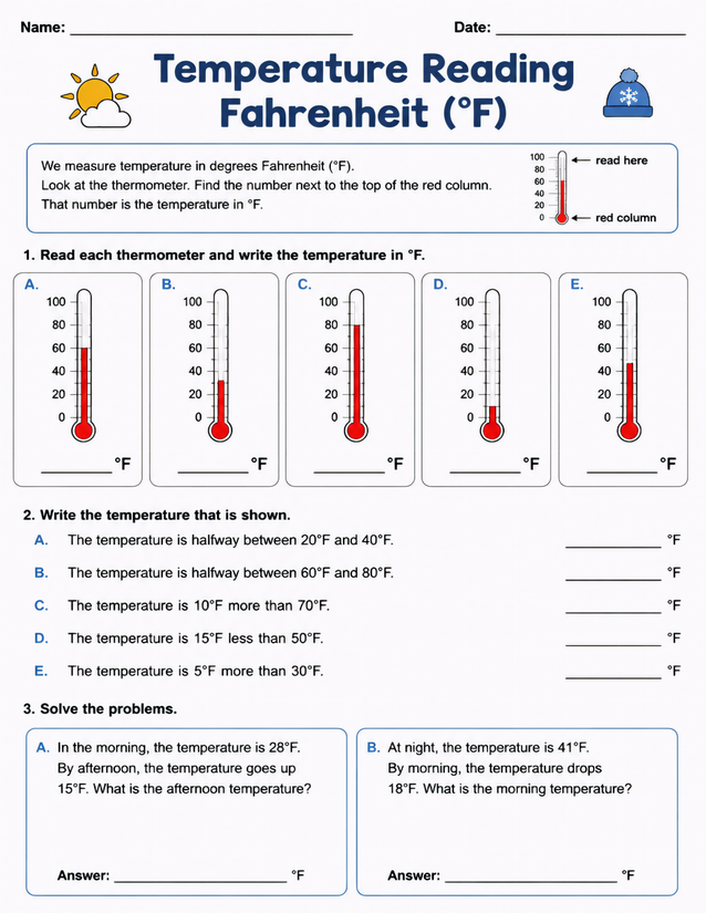 Temperature Reading Fahrenheit Worksheet, Grades 2-4