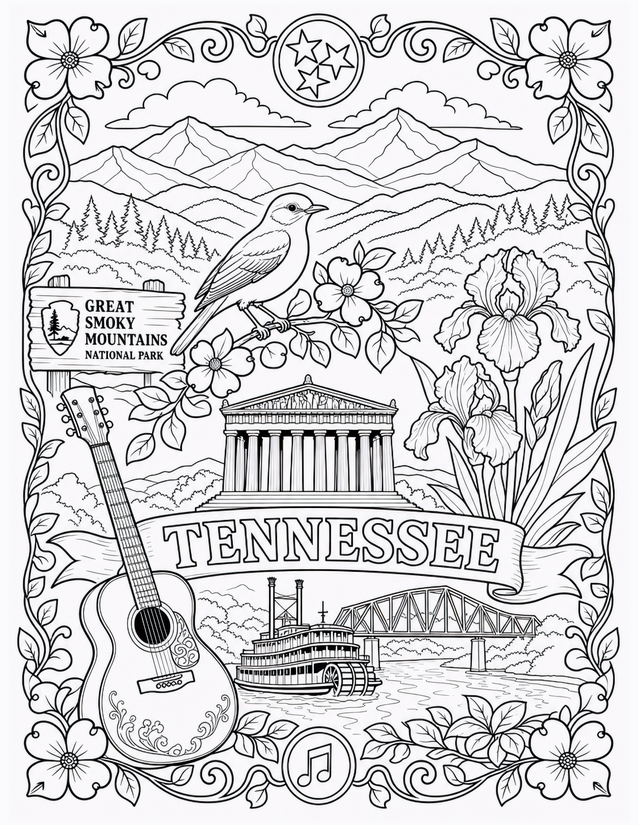 Tennessee Coloring Page, Smokies to Steamboat and Guitar