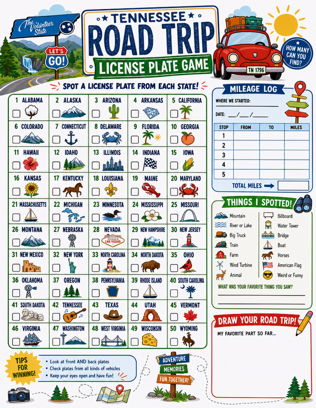 Tennessee License Plate Game Printable, All 50 States Plus Mileage Log