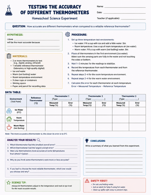 Testing the Accuracy of Different Thermometers, Homeschool Lab Sheet