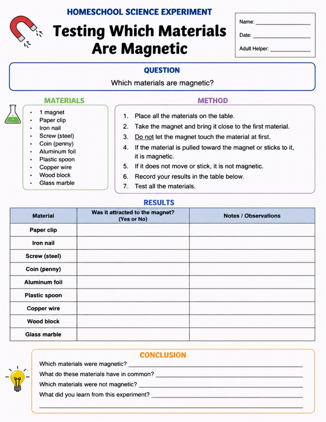 Testing Which Materials Are Magnetic, Homeschool Lab Sheet
