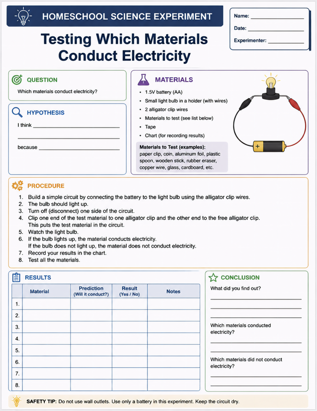 Testing Which Materials Conduct Electricity, Homeschool Lab Sheet