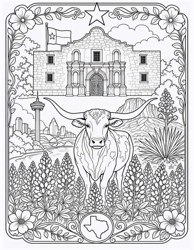 Texas Coloring Page, Longhorn and the Alamo