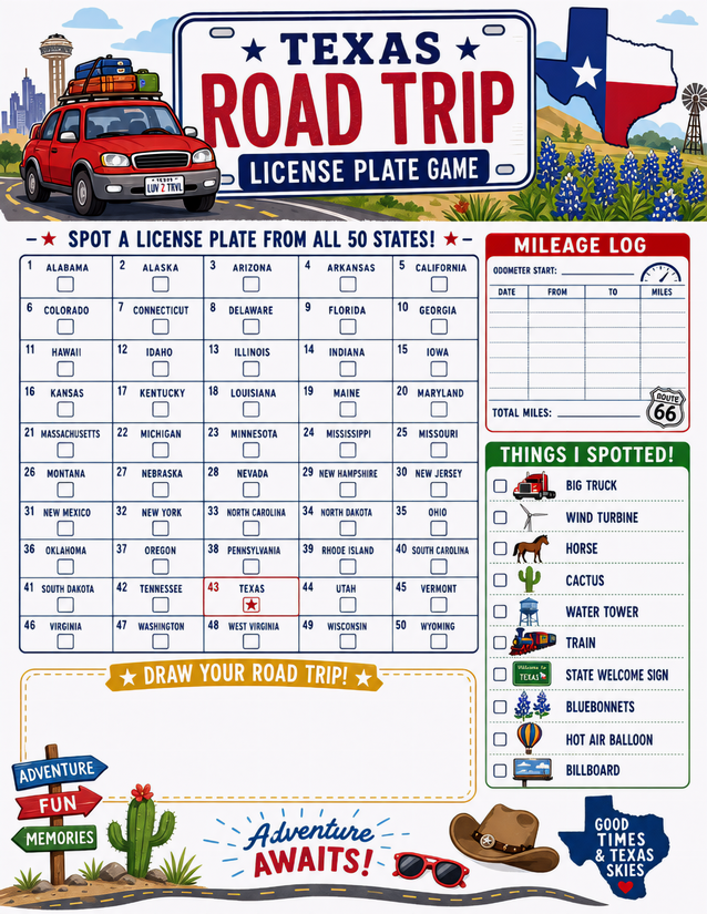 Texas Road Trip License Plate Game, All 50 States Plus Mileage Log