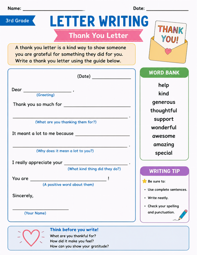Thank You Letter Writing Template, 3rd Grade