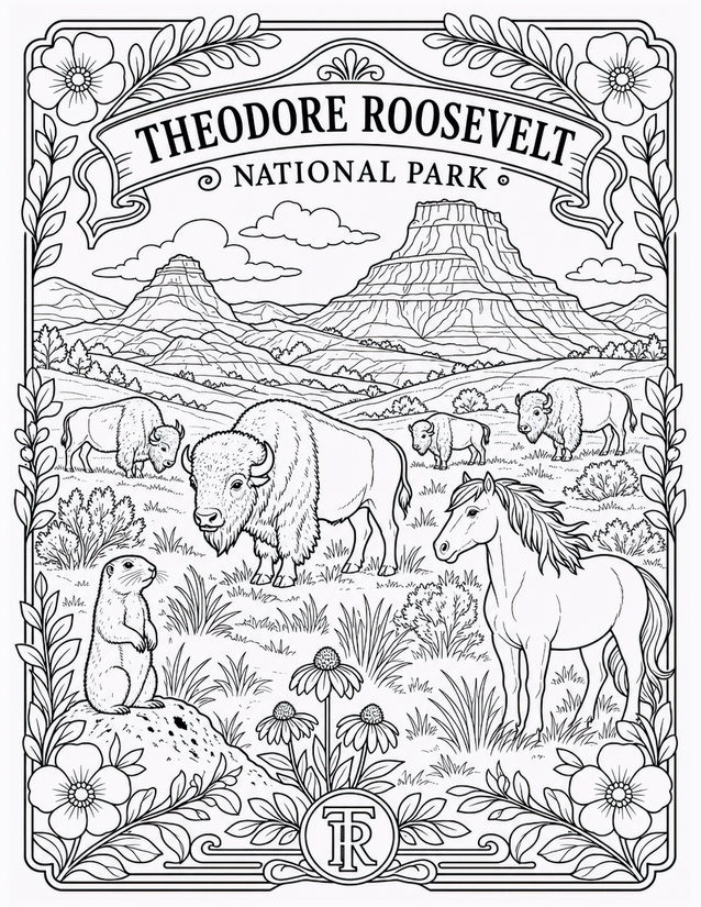 Theodore Roosevelt National Park Coloring Page, Bison, Wild Horse, and Prairie Dog