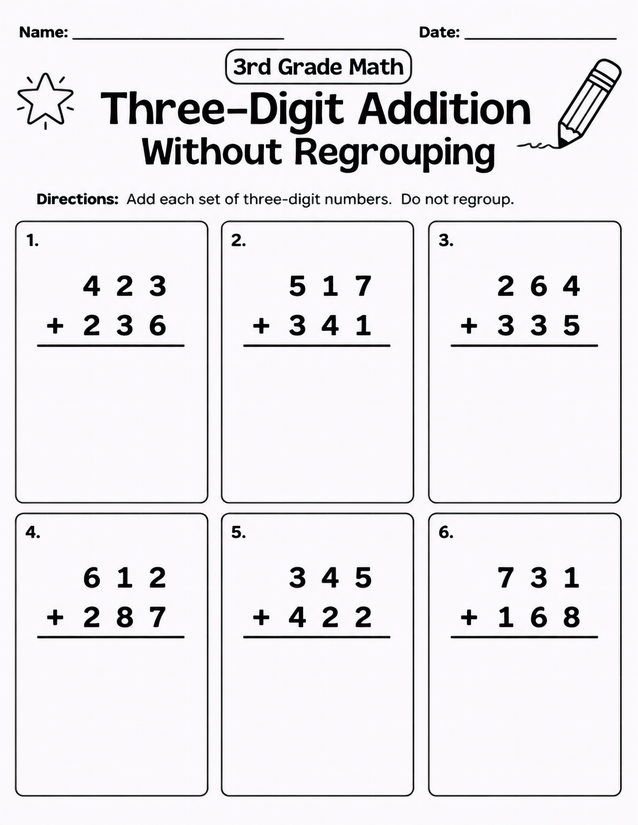 Three-Digit Addition Without Regrouping, 6-Problem Practice Sheet