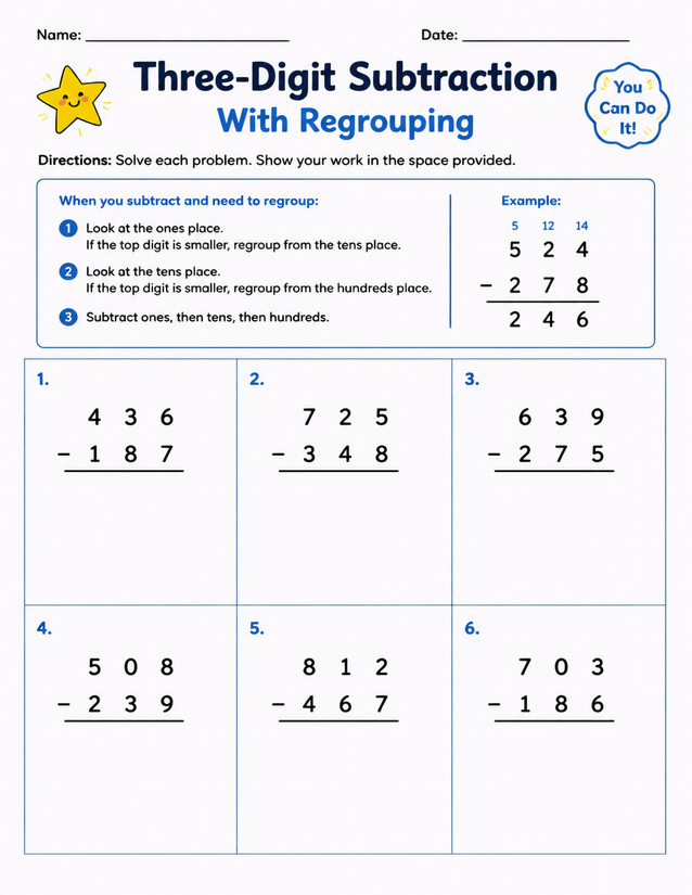 Three-Digit Subtraction With Regrouping Worksheet, Six Problems