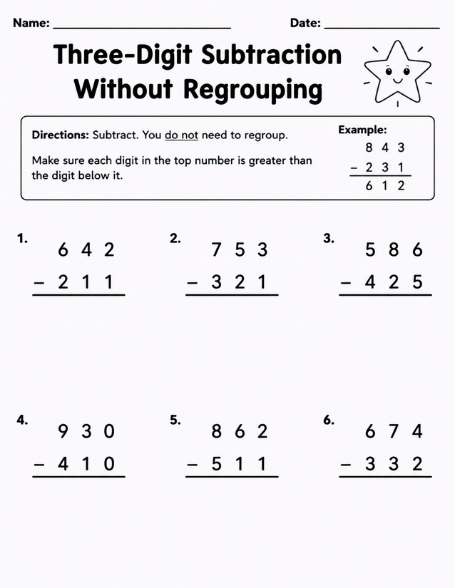 Three-Digit Subtraction Without Regrouping Worksheet, Six Problems