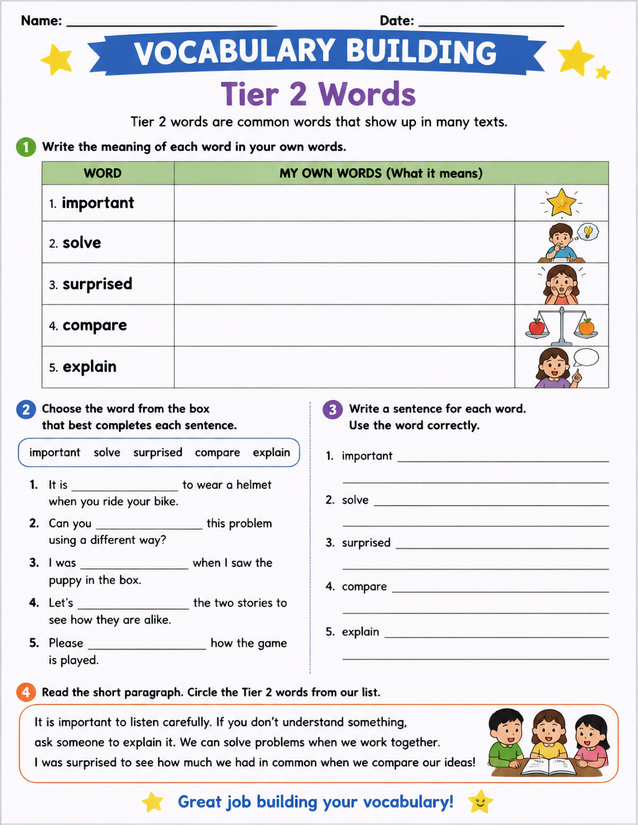 Tier 2 Words Vocabulary Building Worksheet