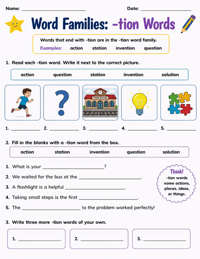 Tion Word Family Worksheet, Three Exercises