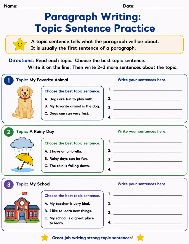 Topic Sentence Practice Worksheet, 3 Guided Writing Topics