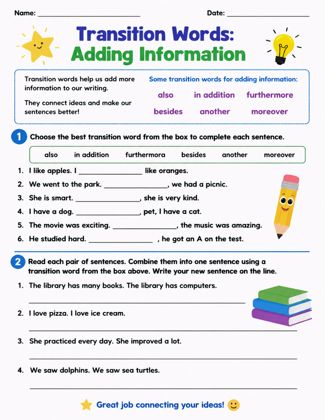 Transition Words Adding Information Worksheet