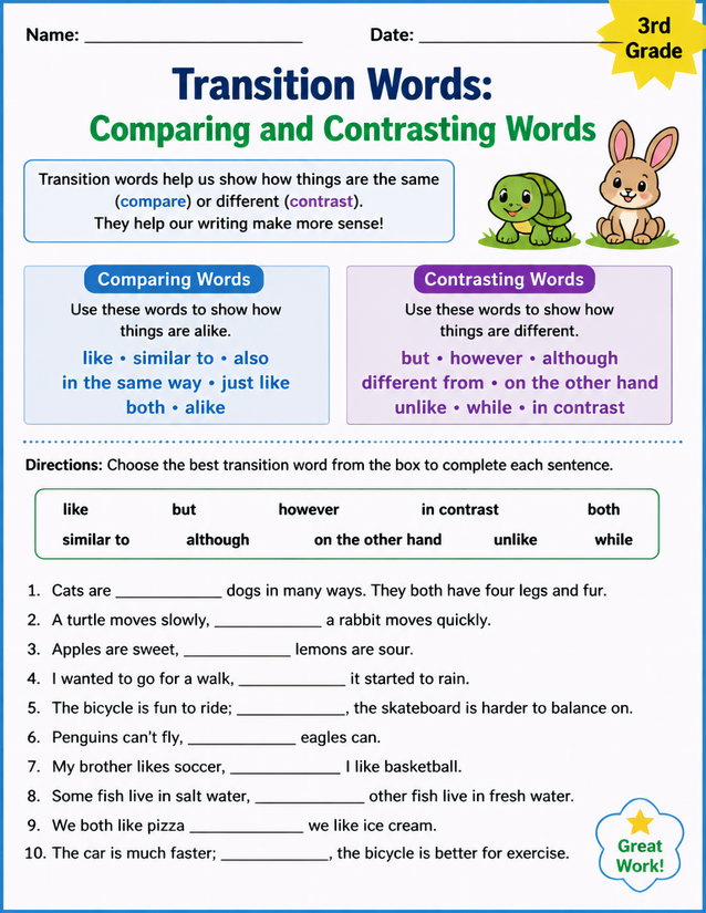 Transition Words Comparing and Contrasting Worksheet, 3rd Grade