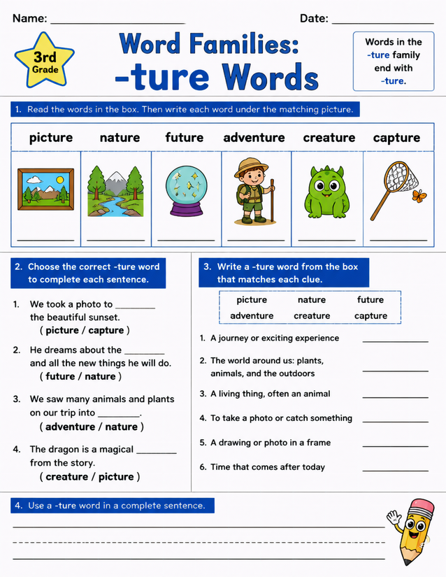 Ture Word Family Worksheet, 3rd Grade