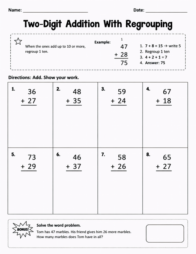 Two-Digit Addition With Regrouping, Eight Problems Plus Bonus