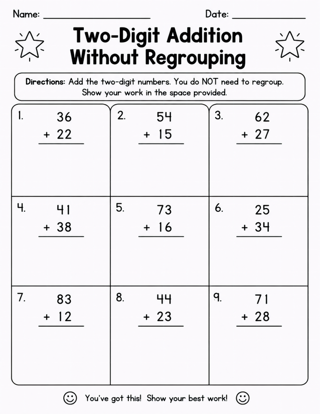Two-Digit Addition Without Regrouping, Nine Vertical Problems