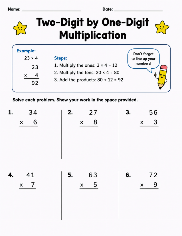 Two-Digit by One-Digit Multiplication, Six Practice Problems with Steps