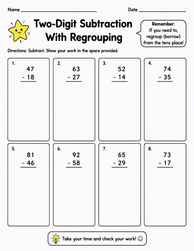 Two-Digit Subtraction With Regrouping Worksheet, Eight Problems